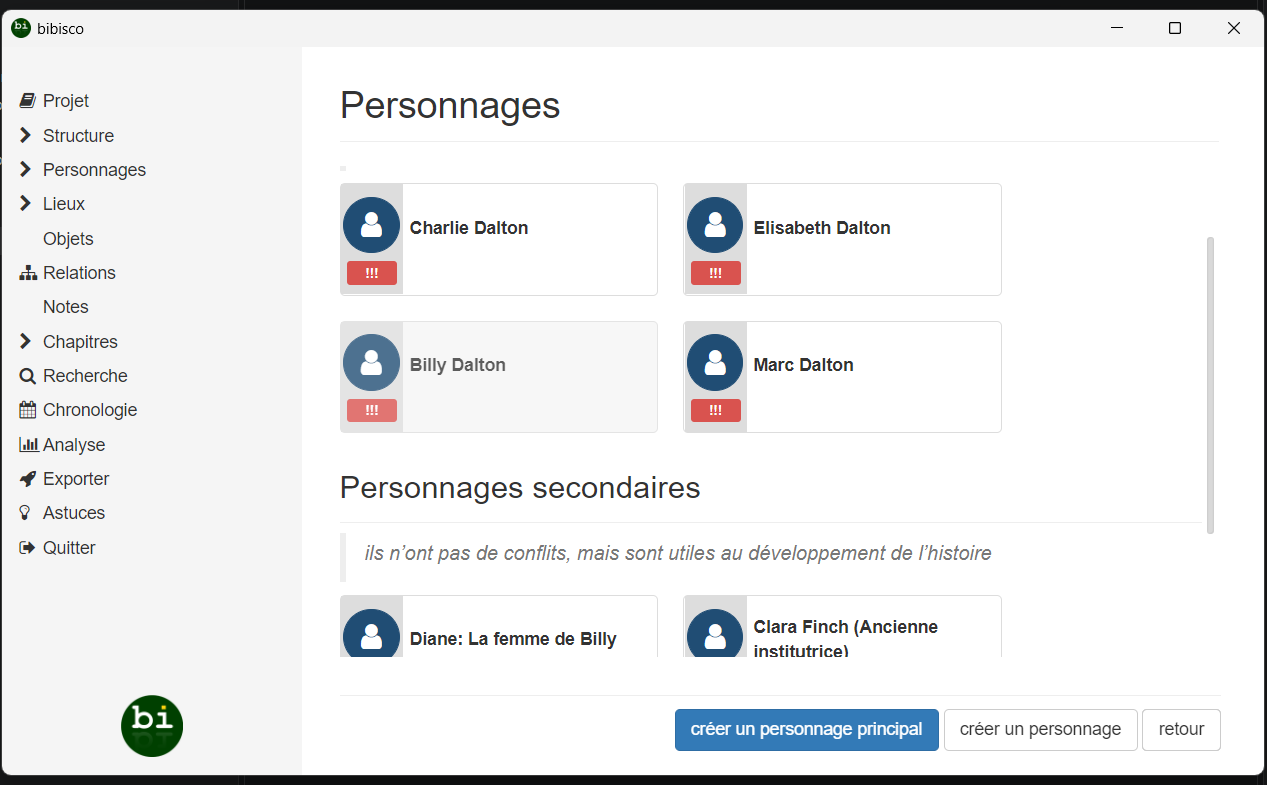 Gestion des personnages dans Bibisco